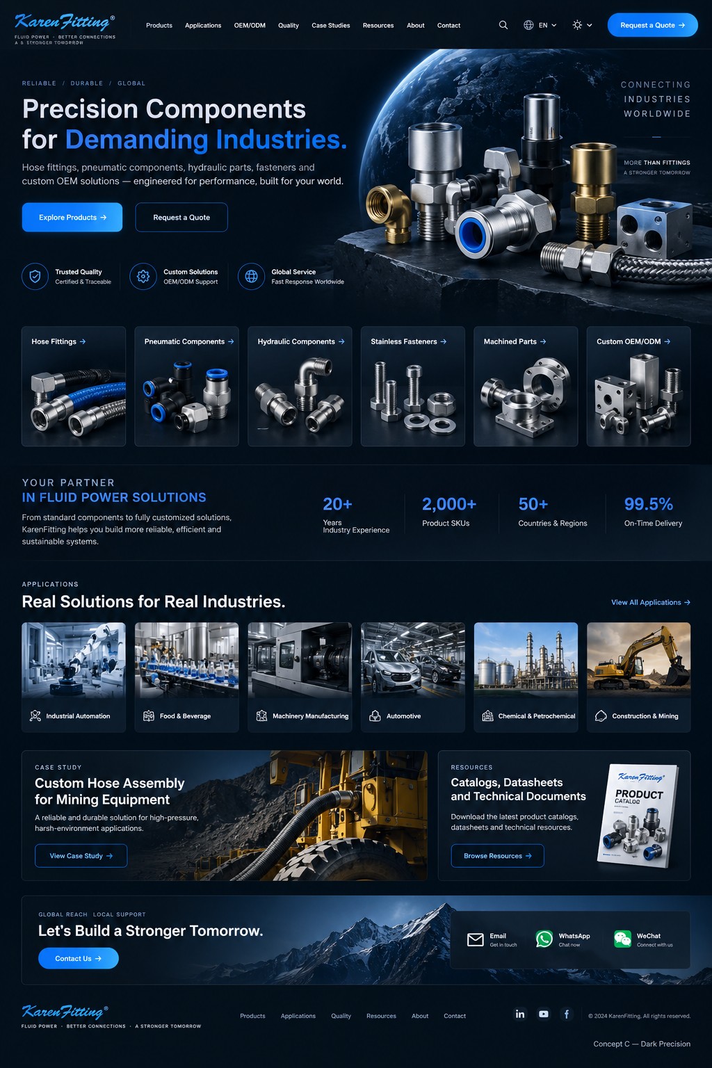 Hose fittings, pneumatic components, hydraulic parts, fasteners and custom OEM solutions — engineered for performance, built for your world.